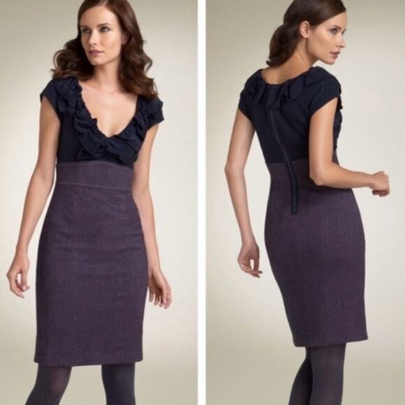 Rebecca Taylor Ruffle 100% Silk Wool Tweed Sheath Dress Blue and Purple Size 10 - Picture 2 of 13